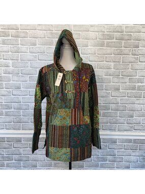 Kathmandu Imports NWT Patchwork Tunic Hoodie M Organic Cotton Boho Artsy Fairy